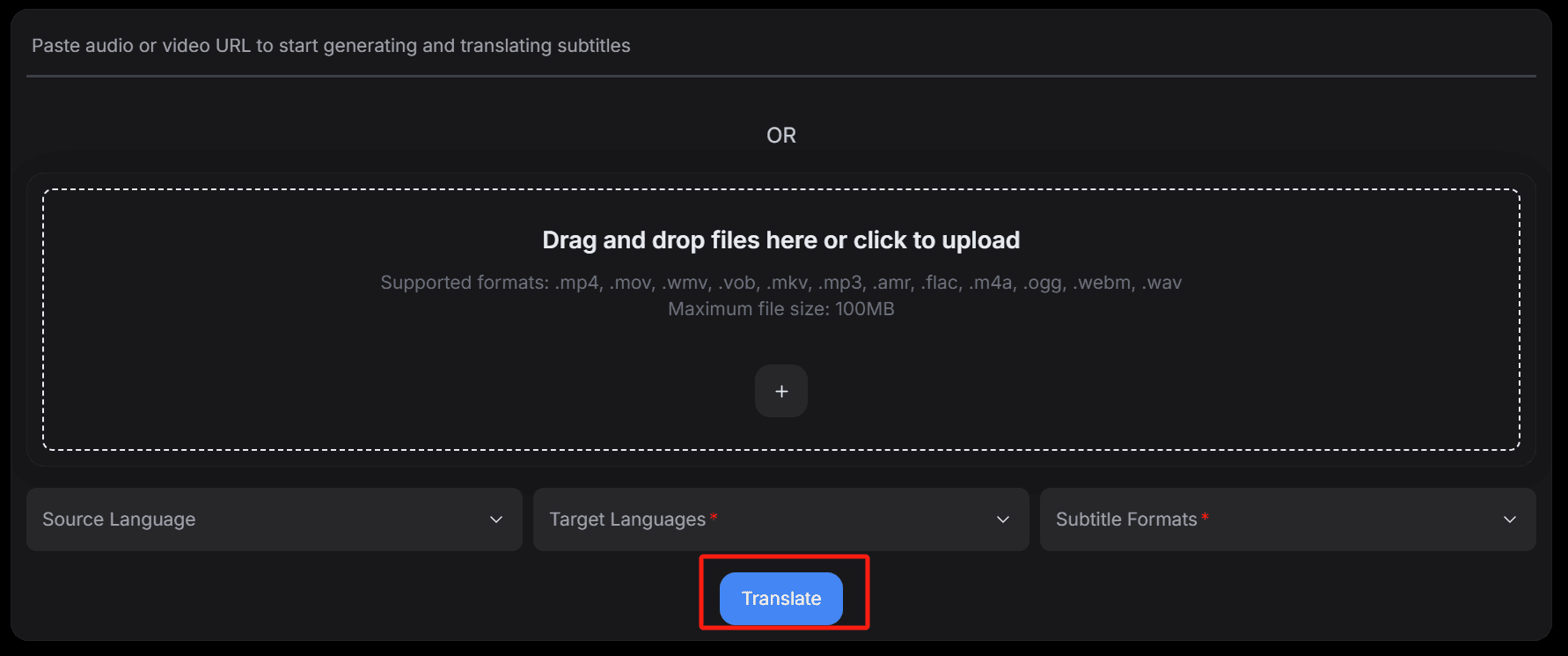 Submit transcription task interface showing the translate button